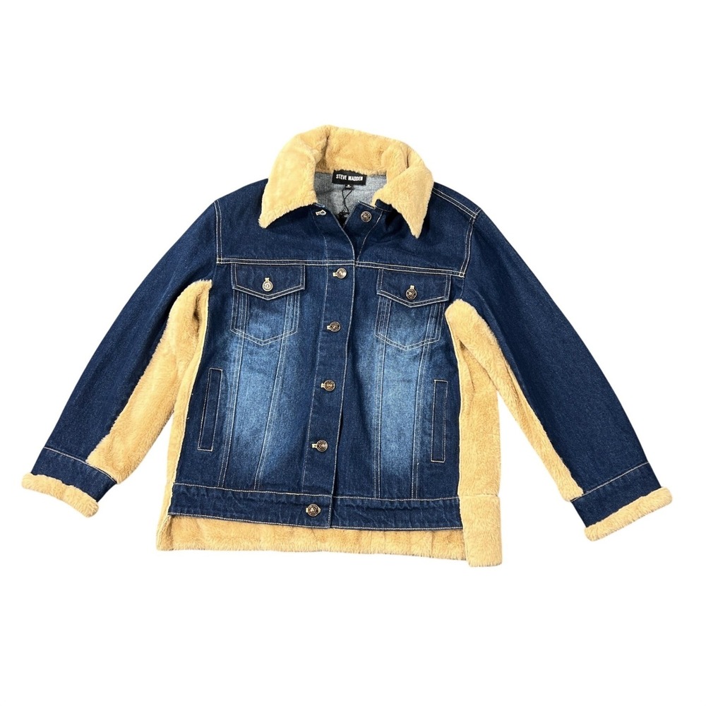 NWT Steve Madden Women's Small Winona Jacket Denim Sherpa Lined Trucker Blue Tan